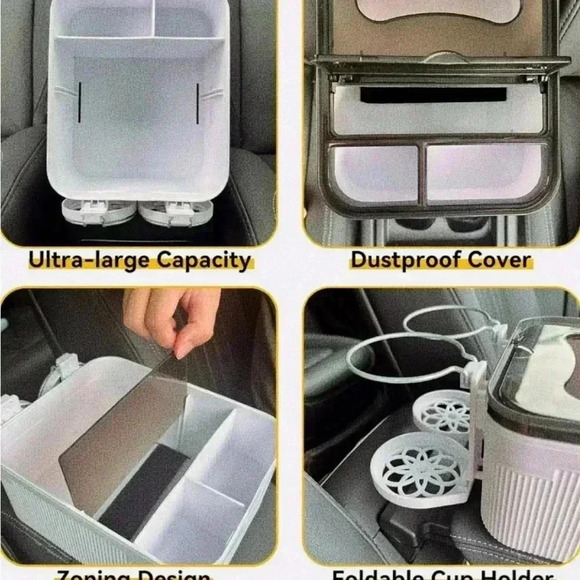 Car Armrest Storage Box with 2 Folding Cup Tissue Holders Multifunctional NEW - Picture 8 of 16